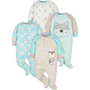 imageGerber Baby Boys 4 Pack Sleep N Play FootieAqua Fox