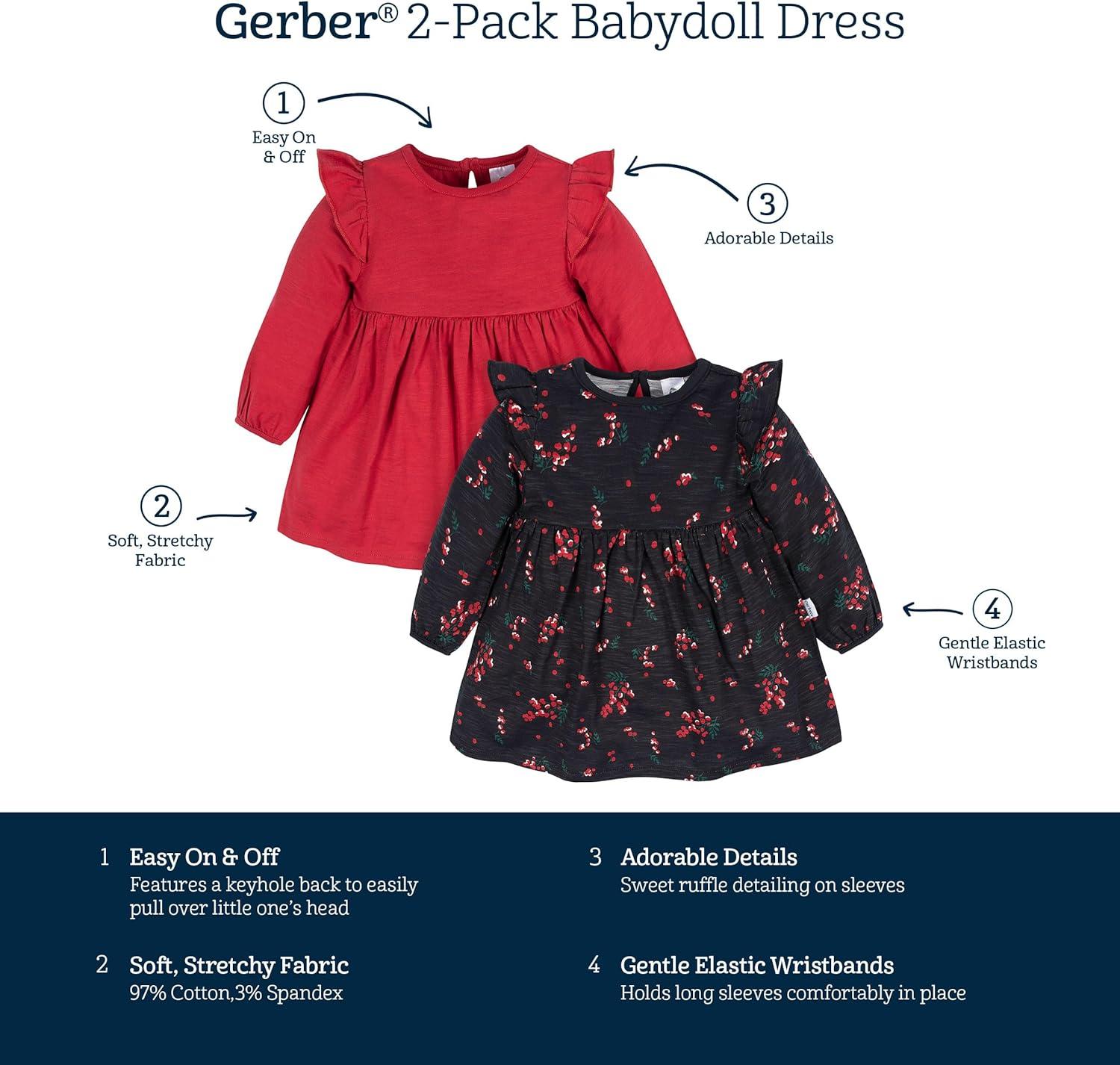 imageGerber Baby Girls Toddler 2Pack Long Sleeve DressesBlack Holly Berries