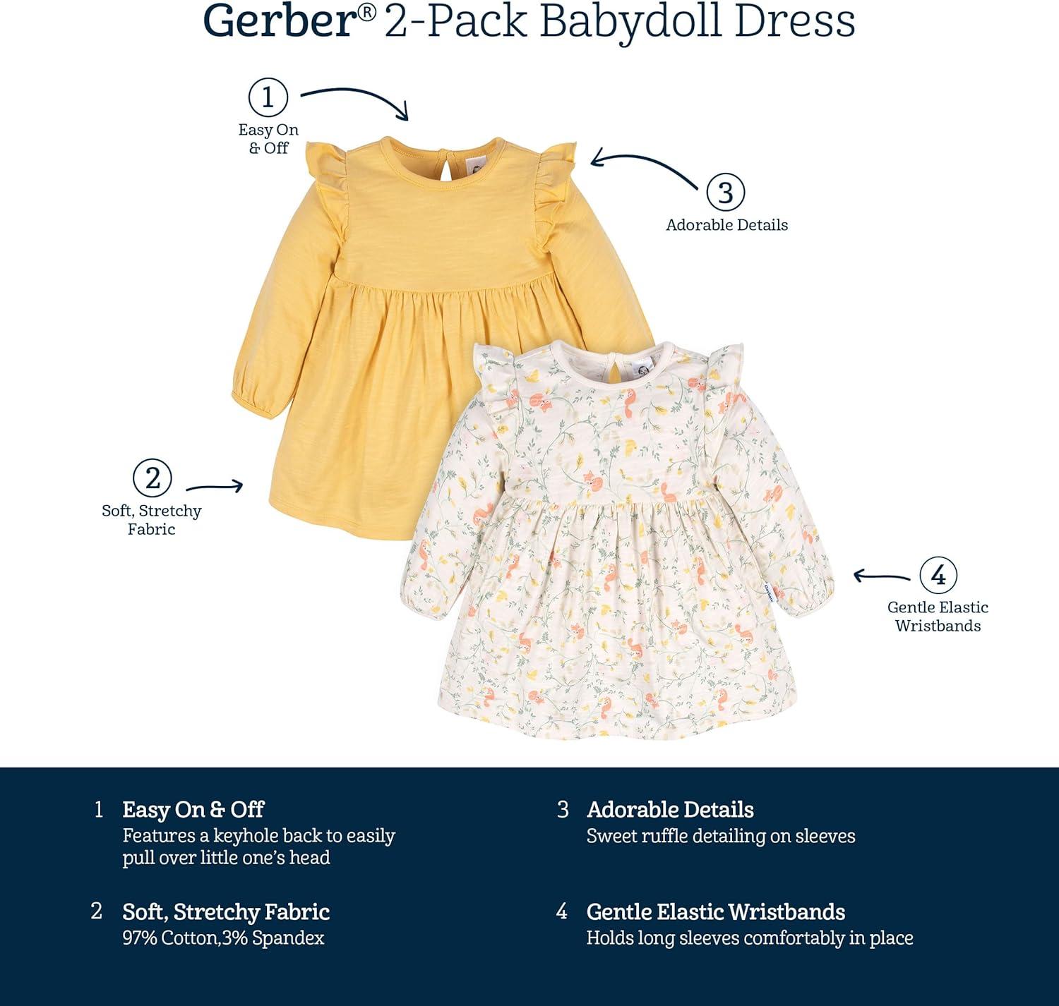 imageGerber Baby Girls Toddler 2Pack Long Sleeve DressesIvory Fox