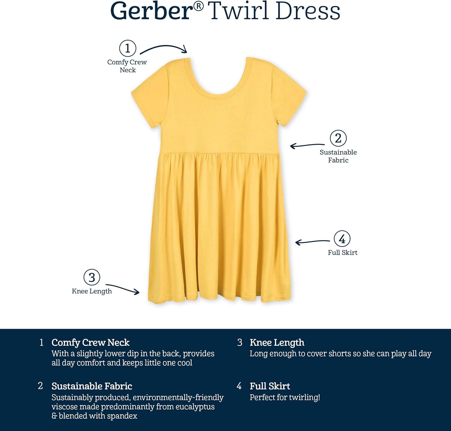 imageGerber Baby Girls Toddler Buttery Soft Short Sleeve Twirl Dress with Viscose Made from EucalyptusHoney