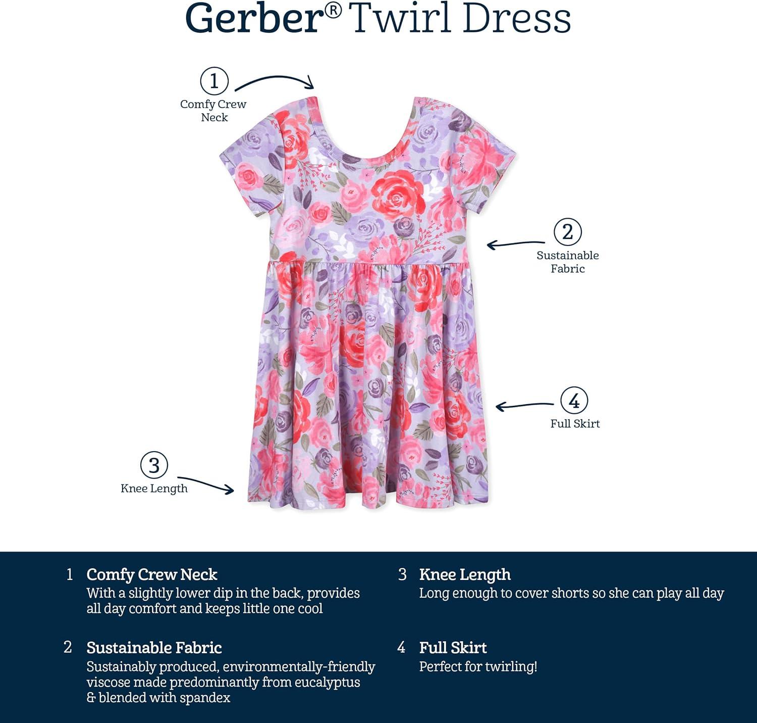 imageGerber Baby Girls Toddler Buttery Soft Short Sleeve Twirl Dress with Viscose Made from EucalyptusLilac Garden