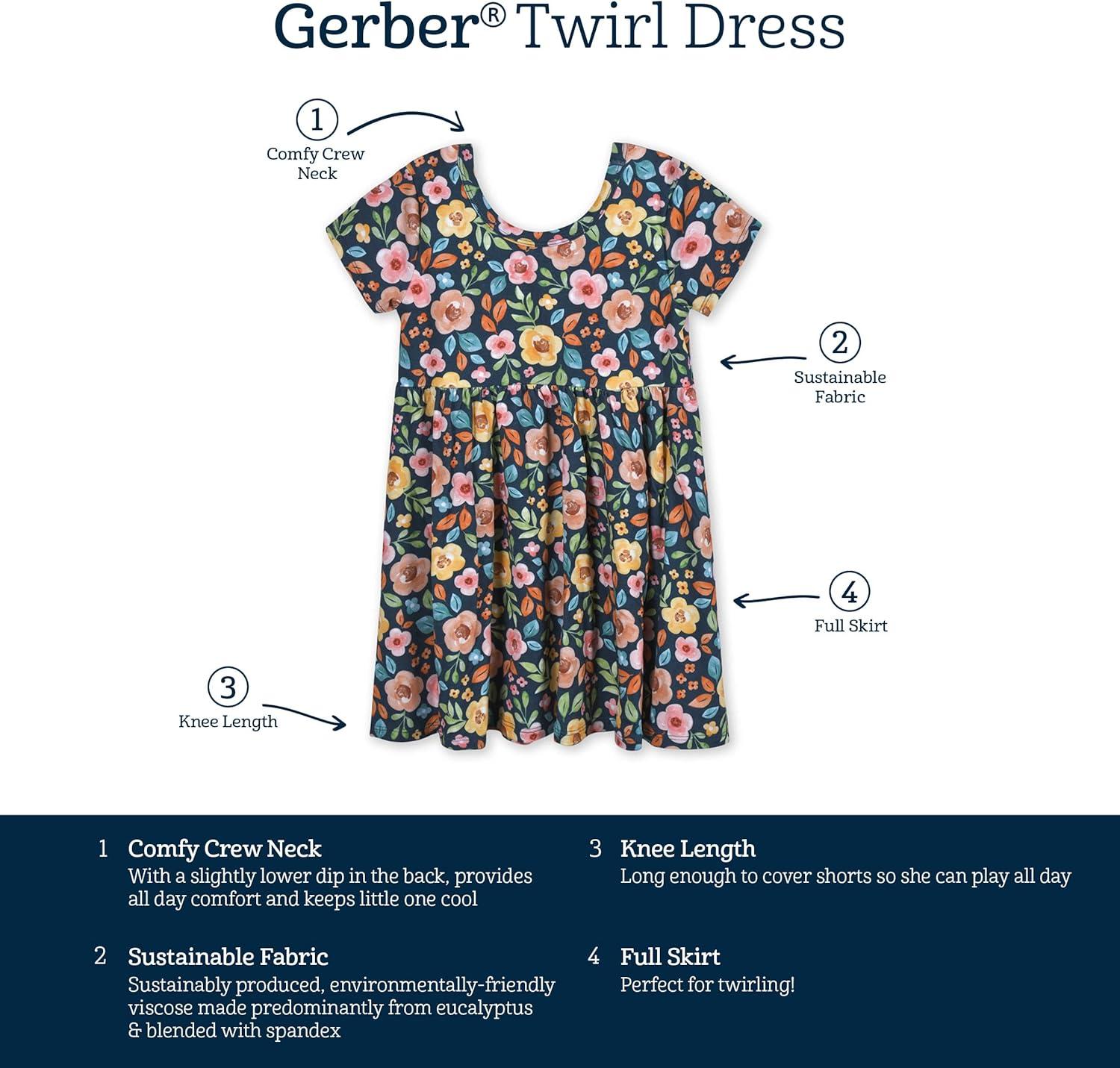 imageGerber Baby Girls Toddler Buttery Soft Short Sleeve Twirl Dress with Viscose Made from EucalyptusMidnight Floral