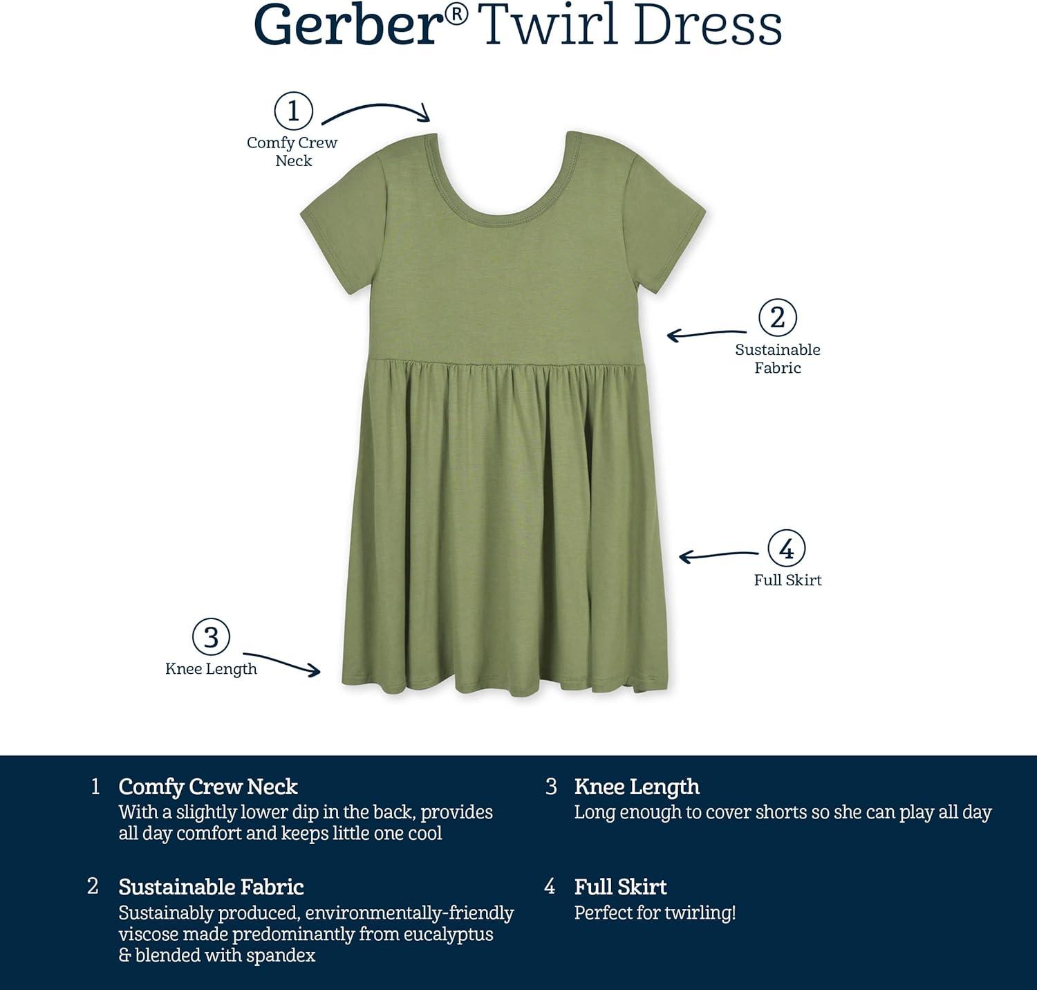 imageGerber Baby Girls Toddler Buttery Soft Short Sleeve Twirl Dress with Viscose Made from EucalyptusMoss