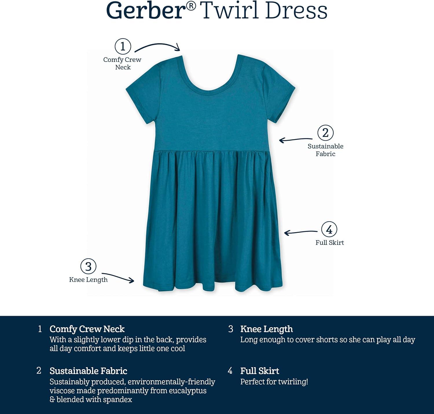 imageGerber Baby Girls Toddler Buttery Soft Short Sleeve Twirl Dress with Viscose Made from EucalyptusOcean Teal