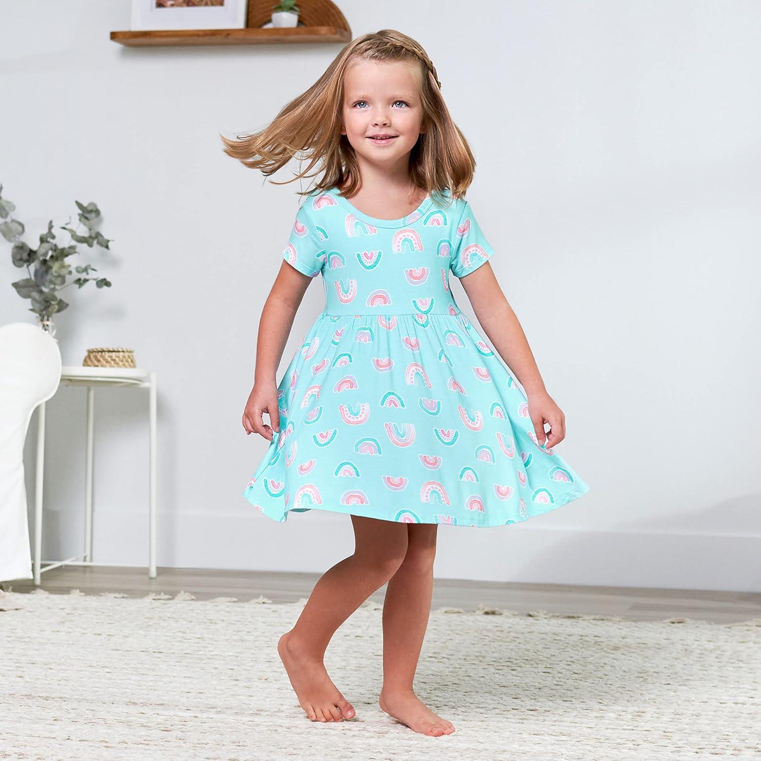 imageGerber Baby Girls Toddler Buttery Soft Short Sleeve Twirl Dress with Viscose Made from EucalyptusRainbow Sky