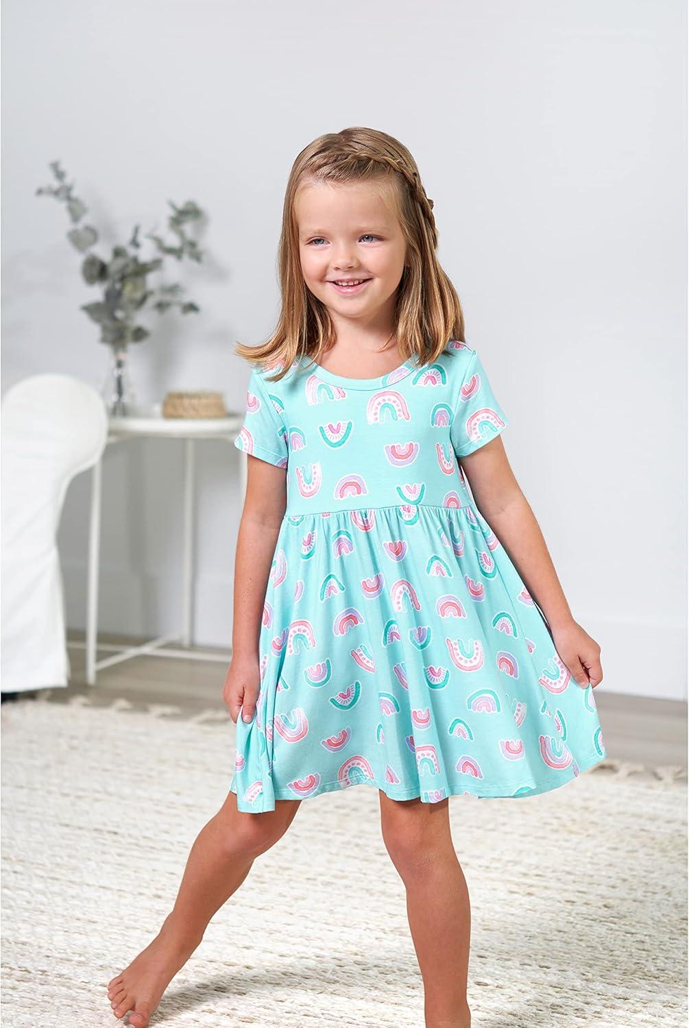 imageGerber Baby Girls Toddler Buttery Soft Short Sleeve Twirl Dress with Viscose Made from EucalyptusRainbow Sky