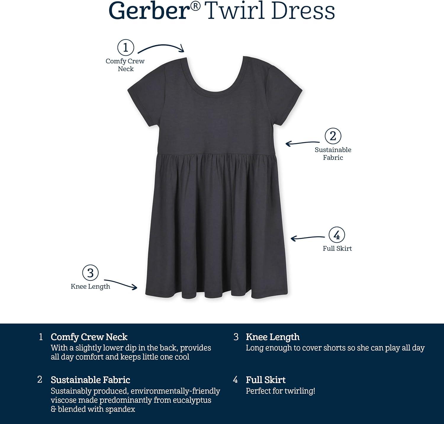 imageGerber Baby Girls Toddler Buttery Soft Short Sleeve Twirl Dress with Viscose Made from EucalyptusShadow