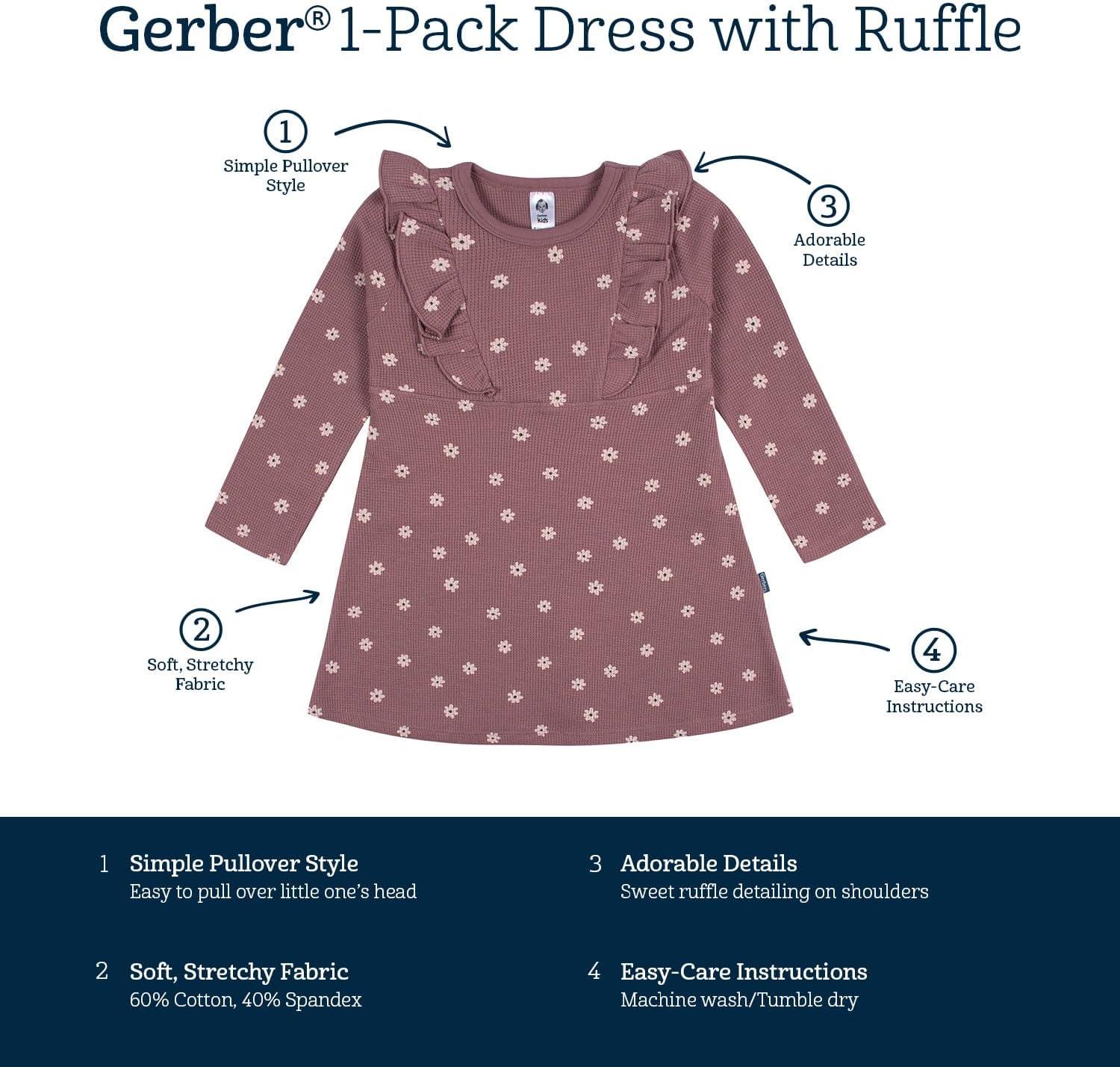 imageGerber Baby Girls Toddler Long Sleeve Dress with Ruffle DetailPink Daisies