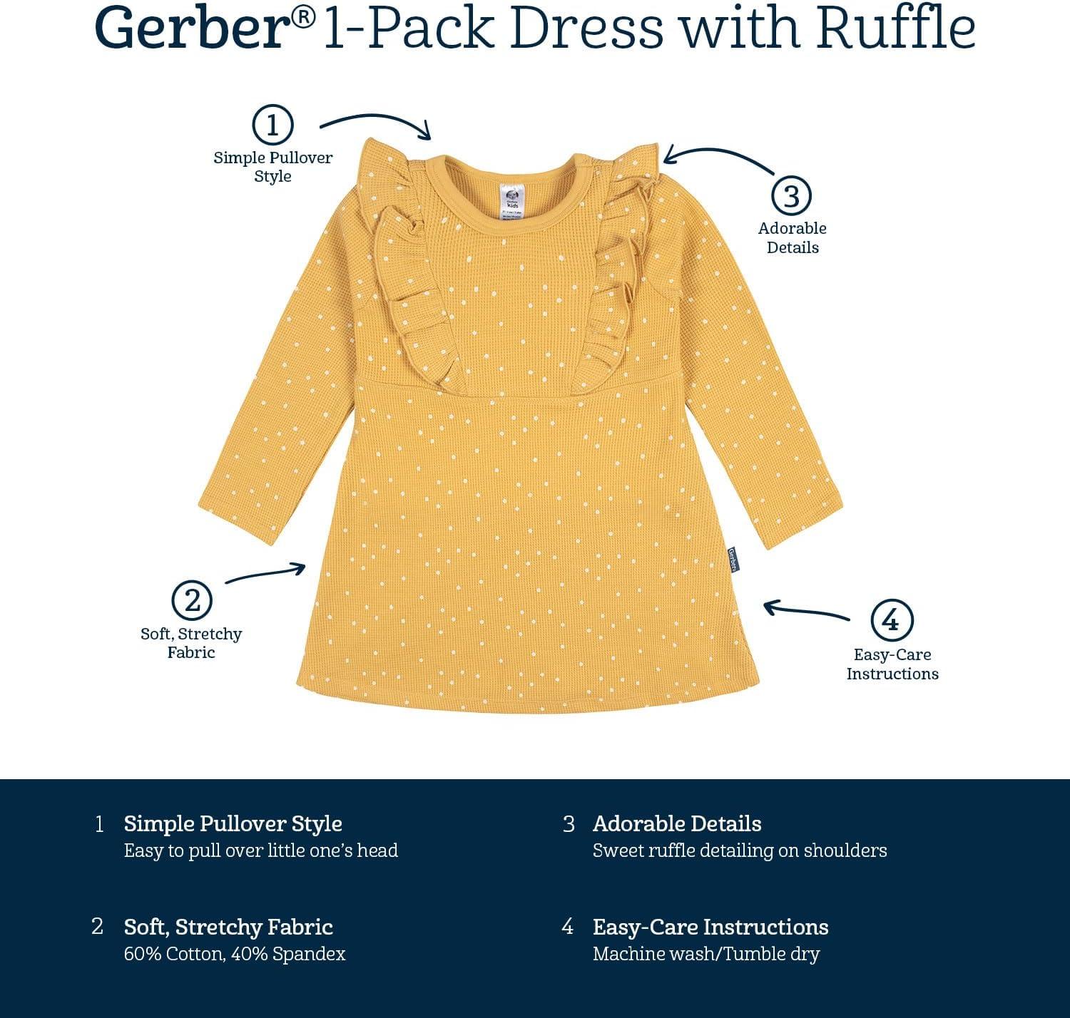 imageGerber Baby Girls Toddler Long Sleeve Dress with Ruffle DetailYellow Dots