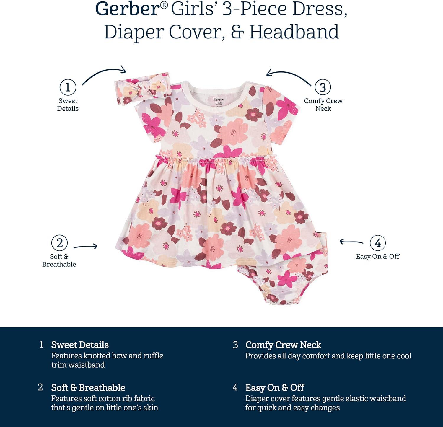 imageGerber babygirls 3piece Dress Diaper Cover and Headband SetFloral