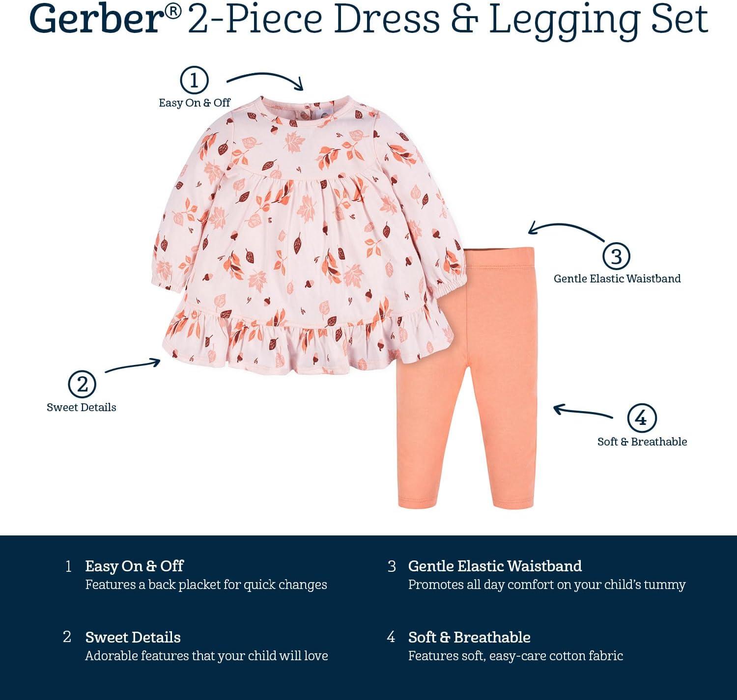 imageGerber babygirls Baby Girls 2piece Dress ampamp Legging SetPink Leaves
