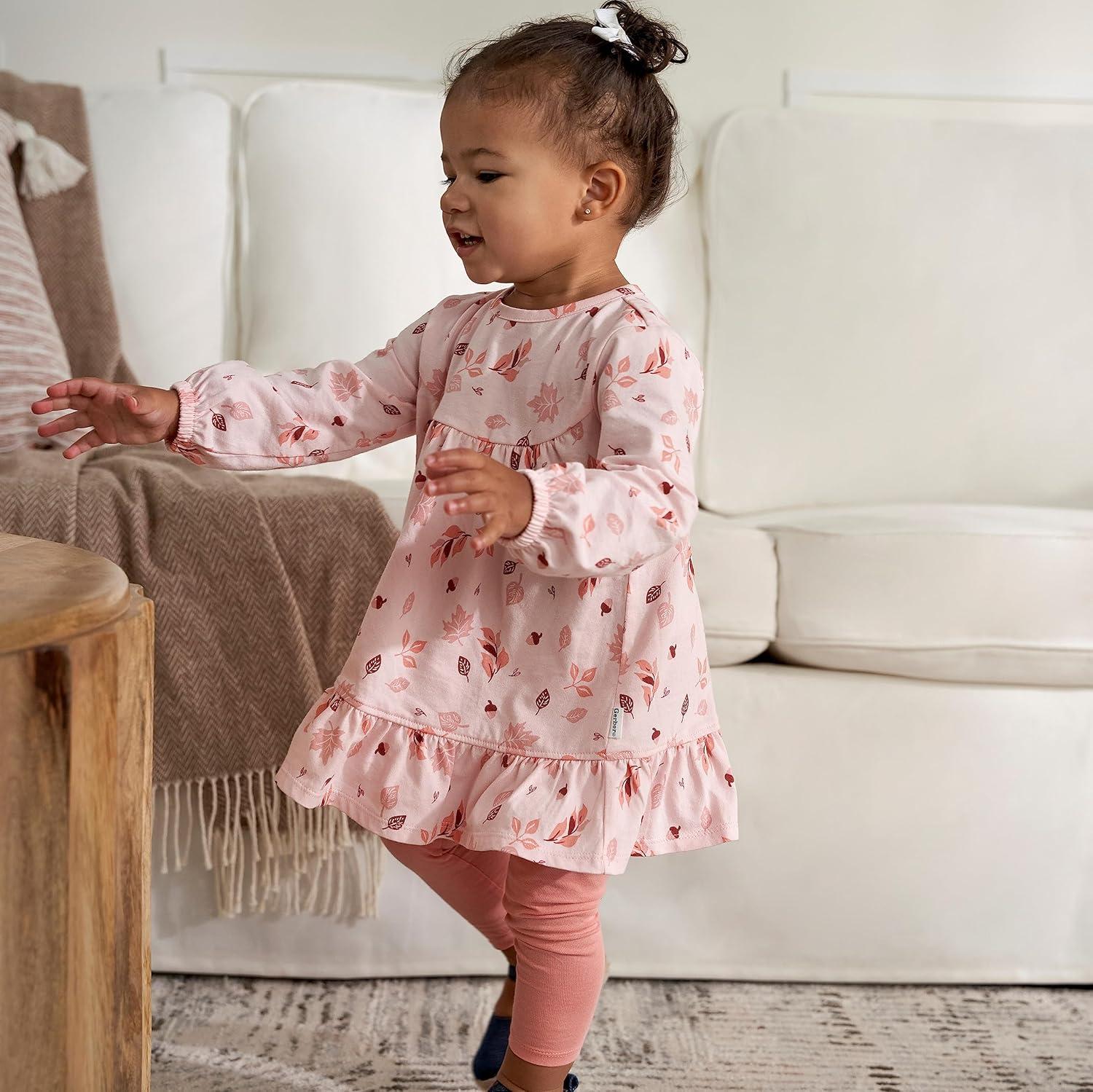 imageGerber babygirls Baby Girls 2piece Dress ampamp Legging SetPink Leaves