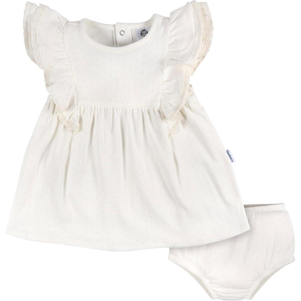 imageGerber babygirls Cotton Dress and Diaper Cover SetIvory