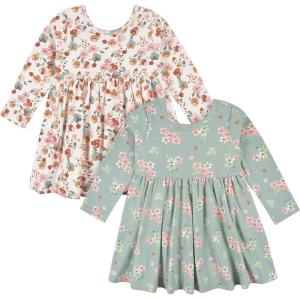imageGerber babygirls Toddler 2pack Long Sleeve DressesVanilla  Green Floral
