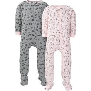 imageGerber Baby Girls 2Pack Footed PajamasPink Kitty Leopard
