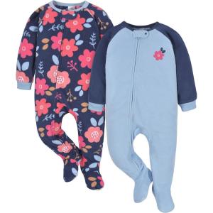 imageGerber Baby Girls Toddler Loose Fit Flame Resistant Fleece Footed Pajamas 2PackFloral Blue