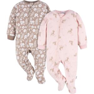imageGerber Baby Girls Toddler Loose Fit Flame Resistant Fleece Footed Pajamas 2PackPink Brown Deer