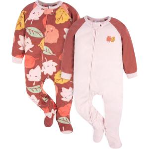 imageGerber Baby Girls Toddler Loose Fit Flame Resistant Fleece Footed Pajamas 2PackPink Leaves