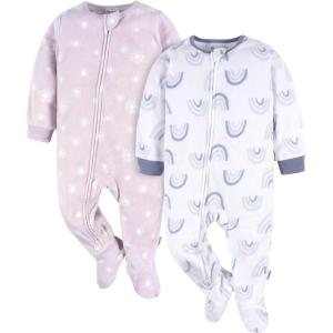 imageGerber Baby Girls Toddler Loose Fit Flame Resistant Fleece Footed Pajamas 2PackPurple Rainbows