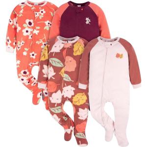 imageGerber Baby Girls Toddler Loose Fit Flame Resistant Fleece Footed Pajamas 4PackPink Leaves  Flower Toss