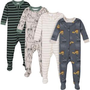 imageGerber BabyBoys 4Pack Footed PajamasBears  Trucks Grey