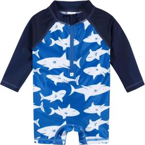 imageGerber Boys Toddler Long Sleeve One Piece Sun Protection Rashguard SwimsuitBlue and White Sharks