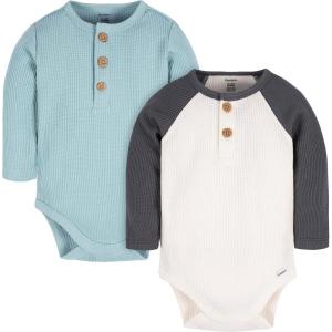 imageGerber Baby Boys Long Sleeve Henley Onesies 2 PackBlue and Ivory
