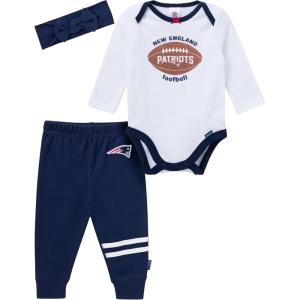 imageGerber NFL Baby Girls 3piece Onesie Bodysuit Pants ampamp Headband SetPatriots