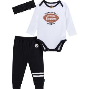 imageGerber NFL Baby Girls 3piece Onesie Bodysuit Pants ampamp Headband SetSteelers