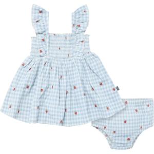 imageModern Moments by Gerber Baby Girls 2Piece Ruffle Sleeve Dress WSmocking ampamp Diaper Cover SetIvory Strawberry Gingham