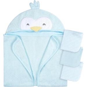 imageGerber Baby 4 Piece Animal Character Hooded Towel and Washcloth Set Grey Elephant One SizeBlue Penguin