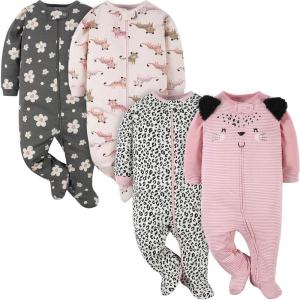 imageGerber Baby Girls 4 Pack Sleep N Play FootieLeopard Pink