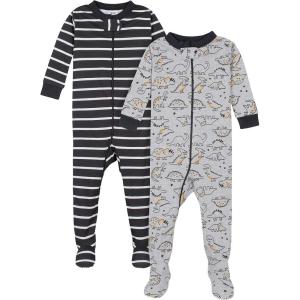 imageGerber babyboys 2pack Snug Fit Footed Cotton PajamasGrey Dinos Black Stripe Grey
